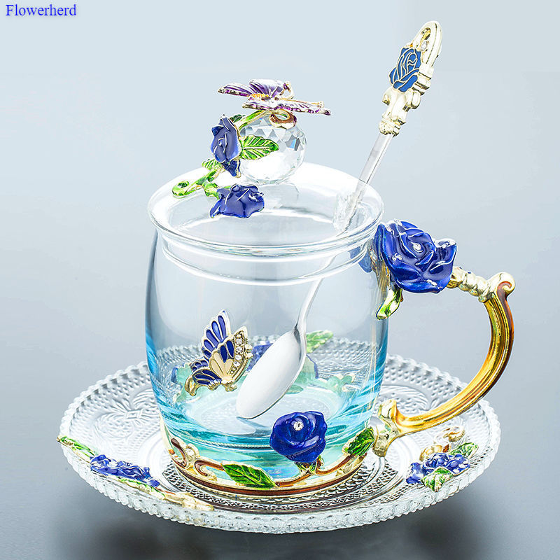Enamel Water Cup Glass Cup Household Set Flower Tea Crystal Coffee Mug Beer Mug with Handle Wedding Tableware