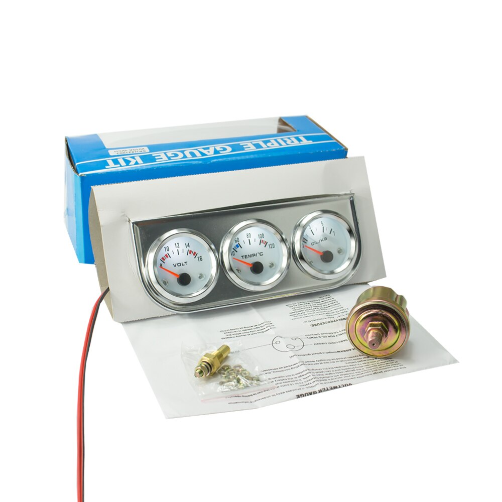 Chrome 2''52MM Triple gauge kit Voltmeter Water temp gauge Oil pressure gauge with Sensor Car Meter