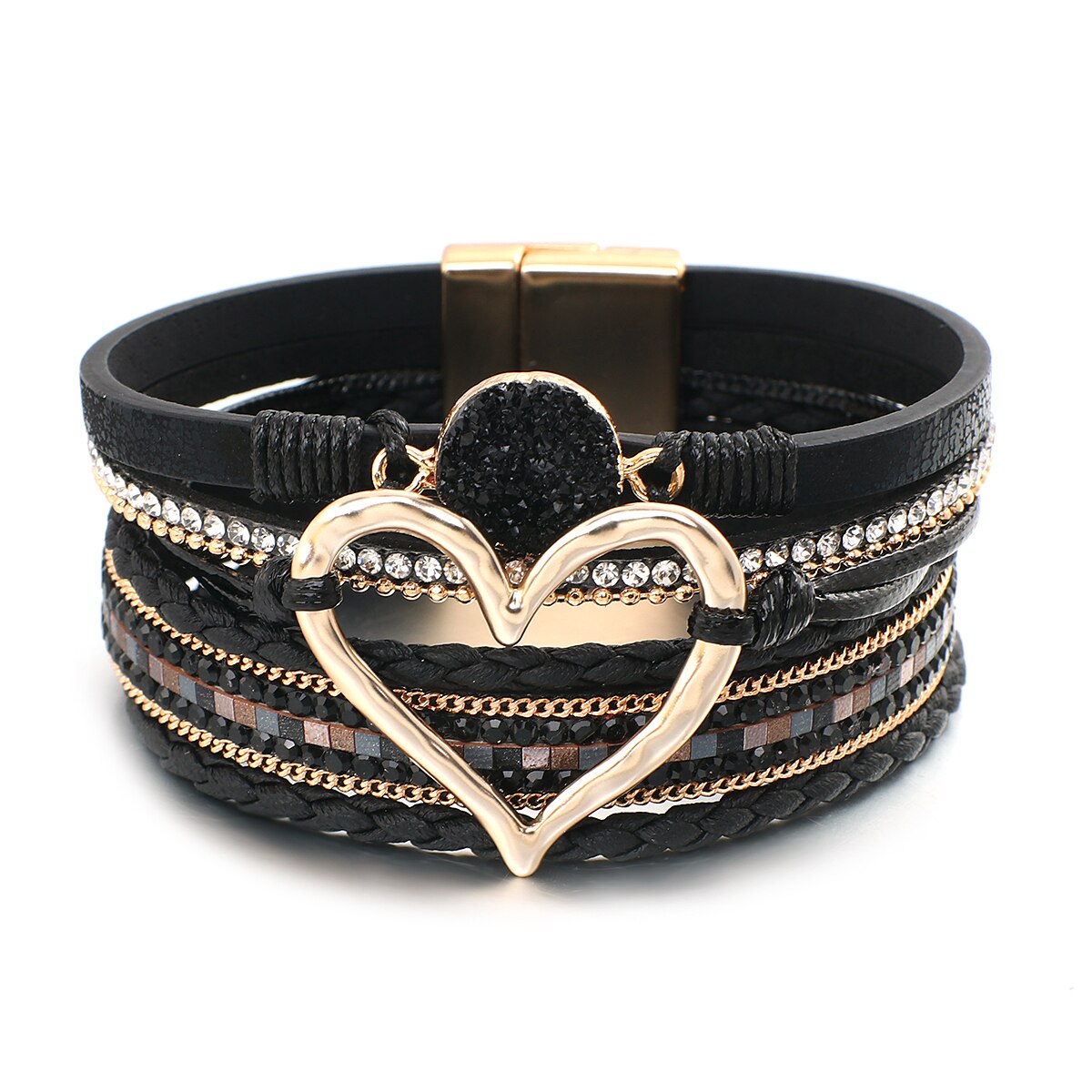 ALLYES braccialetti in pelle con ciondolo a forma di cuore in metallo per donna moda bohemien con strass in resina bracciale avvolgente bracciale coppia gioielli: Black