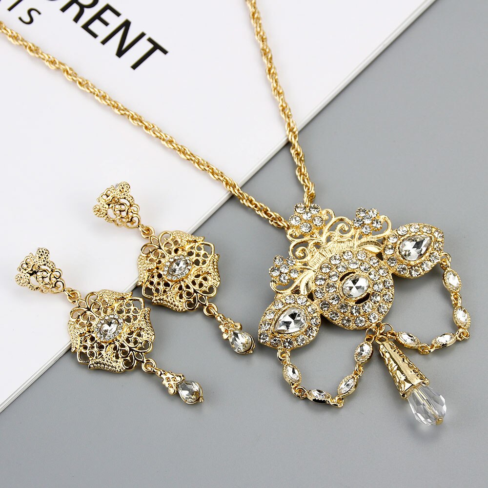 Sunspicems Marokko Bruiloft Sieraden Sets Goud Kleur Earring Lange Hanger Ketting Arabische Bijoux Bridal: LL153U154white