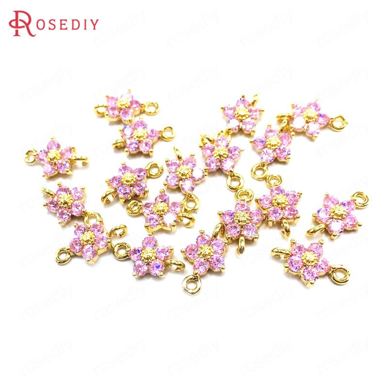 Breloques en laiton et Zircon, lot de 10 pièces de 8MM 24K couleur Champagne or 2 trous fleur connecter pendentifs fournitures de fabrication de bijoux: Pink