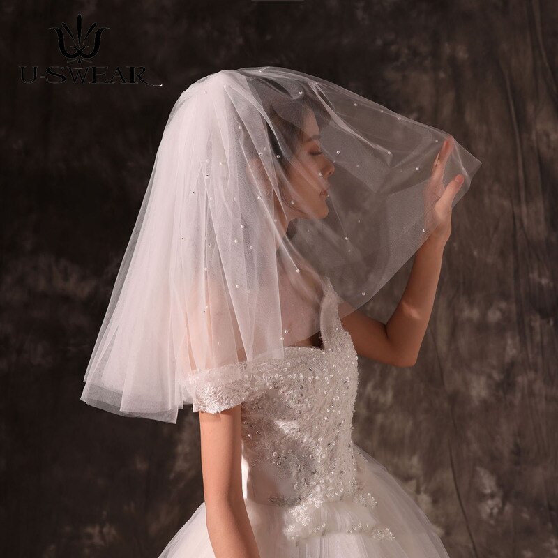 2 Layer Princess Puffy Pearl Short Veil with Metal Hair Comb Bride Velo De Novia Wedding Accessories Bridal Veils