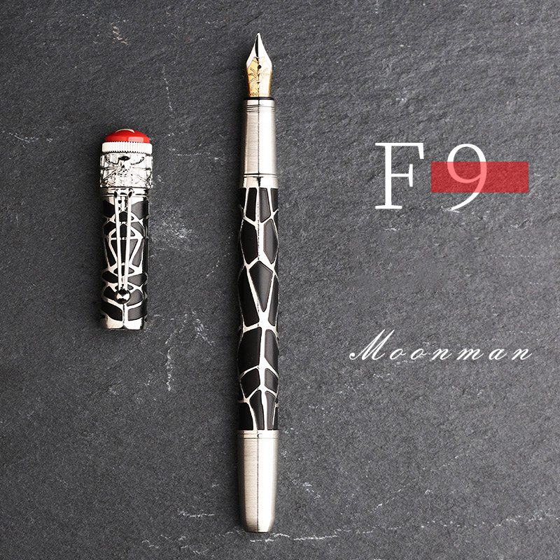 Moonman Artisan F9 Zwarte Klassieke Geëtst Vulpen F Penpunt Metalen Body Spider Zuiger Type Roterende Inkt Student School Office