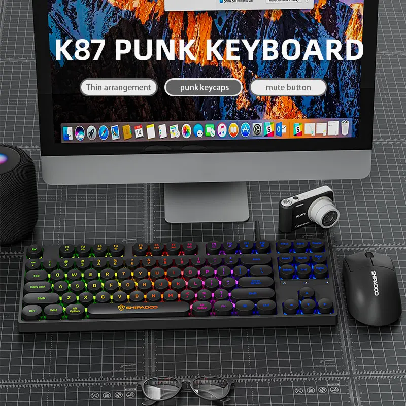 Komputerowe klawiatury przewodowe 87 klawiszy punk Keycap Ciche pisanie Podświetlana RGB biurowa multimedialna klawiatura robić gier dla okna laptop PC prochowiec