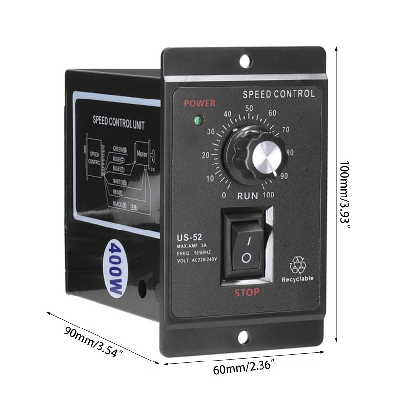 US-52 Single Phase AC Motor Speed Controller 400W AC220V 50/60Hz Motor Speed Regulator With Filter Capacitor Black