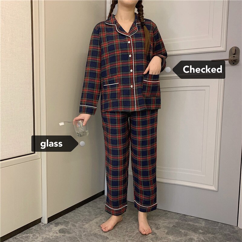 women’s korean pajamas plaid pajama sets simple homesuit loose cotton ladies two-piece long sleeve spring autumn nightwear L020: blue / M