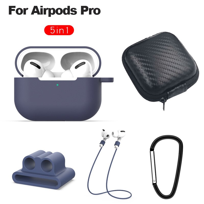 6 In-1 Case Lanyard Karabijnhaak Beschermhoes Voor Airpods 2 3 Hoofdtelefoon Siliconen Cover Voor Air Pods 2 3 Pro Case Accessoires Doos: blue for airpod pro