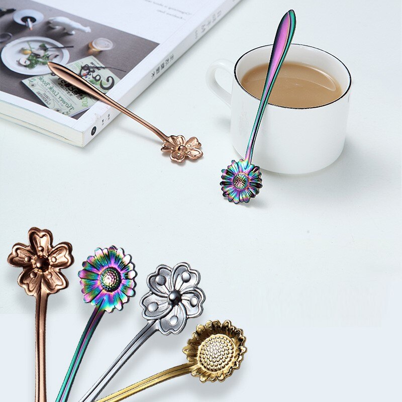 4Pcs Stainless Steel Spoons Flower Small Tea Coffee Stirring Spoon Fancy Sugar Dessert Teaspoon Bar Cafe Tableware