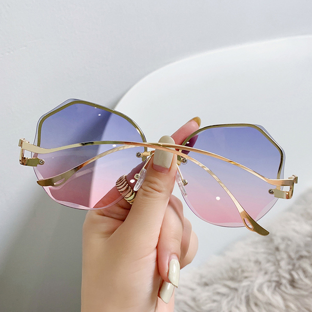 Gradient Eyeglasses Women Frameless Cut Trimmed Lens Metal Curved Women'S Sunglasses Decorative Glasses Eyewear: Blue pink