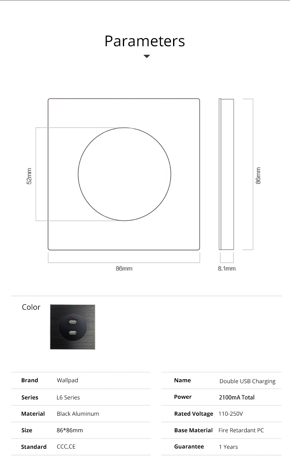 Wallpad L6 Double 2 USB Charging Wall Socket 2.4A Power Outlet Brushed Black Aluminum Panel
