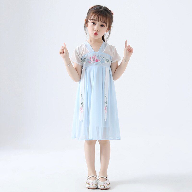 Hanfu Kostuums Chinese Stijl Meisjes Tang Pak Chinese Oude En Traditionele Meisjes Speciale Kleding Meisje Hanfu Dragen DQL637: Blue / 100