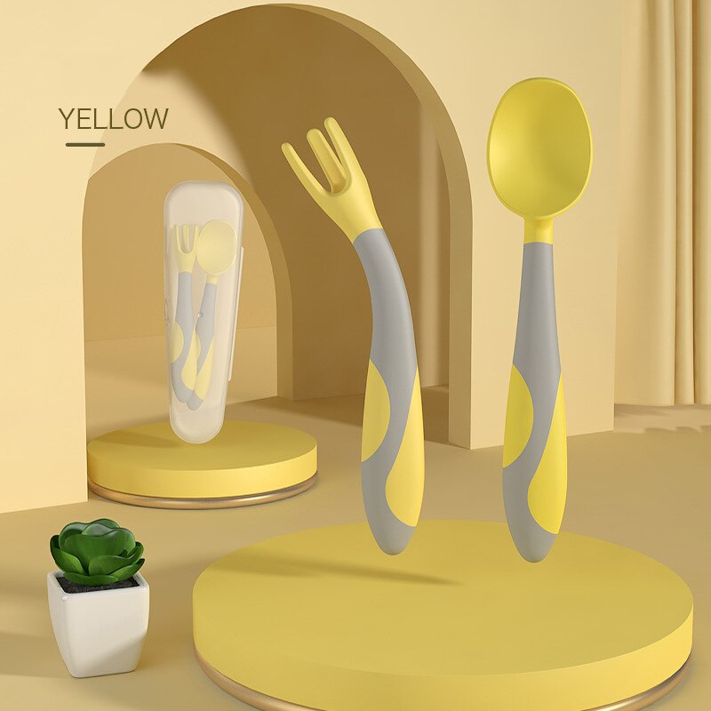 Kids Chopsticks Cartoon Training Children Spoon Fork Set Stainless Steel Kids Eating Utensils Toddler Baby Flatware Accessories: yellow