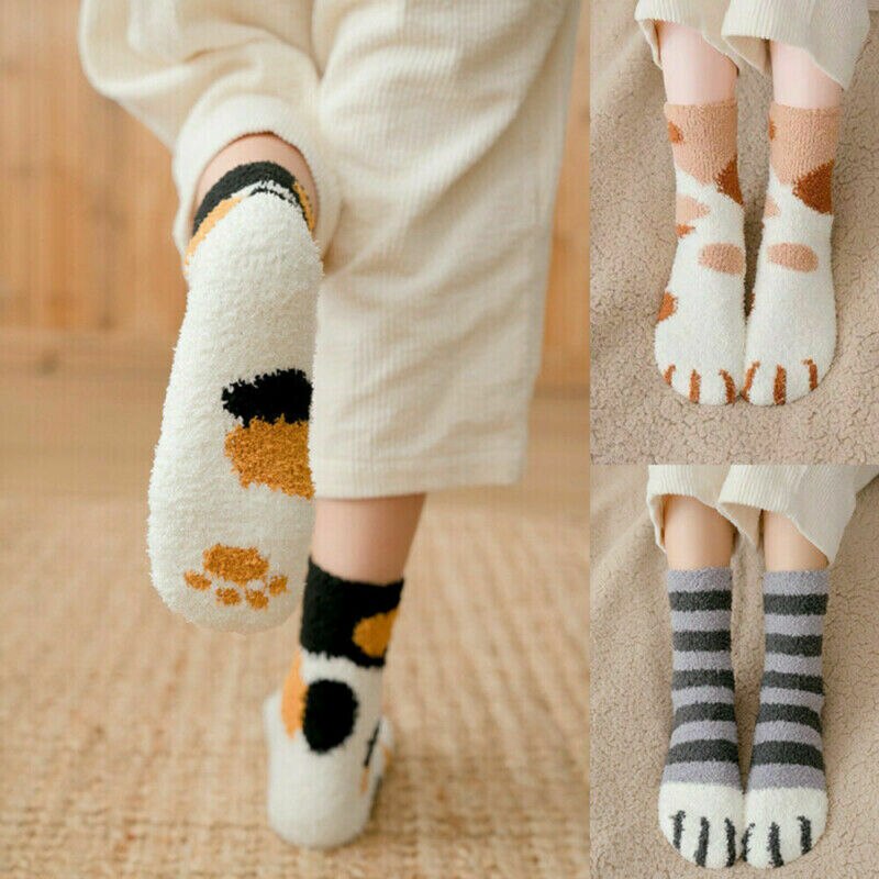 Girls Winter Cat Claws Lovely Thick Warm Sleep Floor Socks Plush Coral