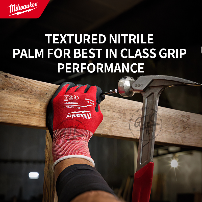 Milwaukee® 48-22-8901 cut level 1 nitril-dyppede handsker, blødt og behageligt for, åndbar handske, rød, m