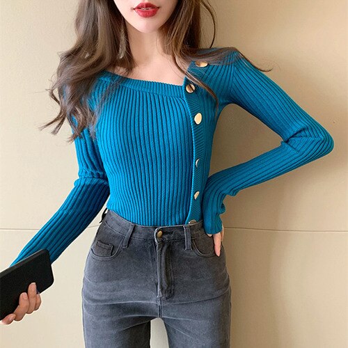 Neploe Autumn Ladies All-match Sweater Single-breasted Knitted Cardigan 2022 Long Sleeve Chic Solid Color Top Women 1F444: Blue