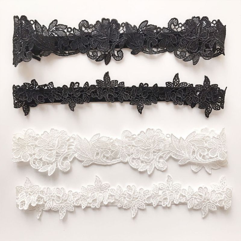 2 unids/set ligas de pierna de novia de boda para mujer Color sólido negro/blanco encaje flor hueco bordado anillos elásticos de goma