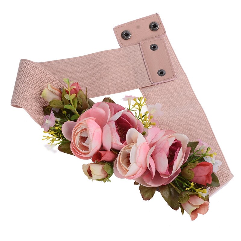 Pinksee charme rose blomst syntetisk stof elastisk stræk kjole smalt taljebæltebånd til kvinder tilbehør til klud: Bab 0018