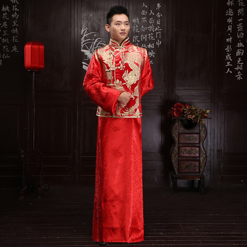 Vestido de boda chino tradicional para novio, traje de boda rojo hecho a mano con botones Qipao, traje de matrimonio para hombre, traje Tang XS-XL