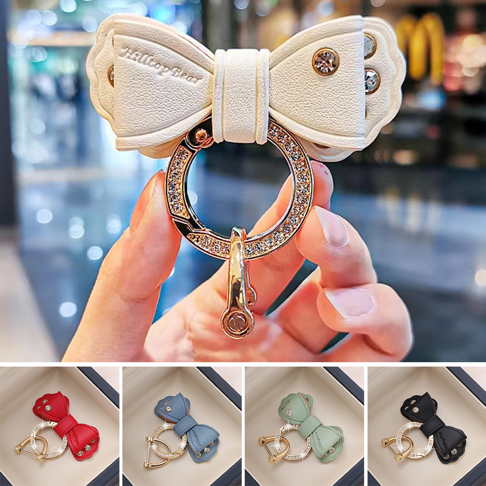 Metallring Auto Schlüsselanhänger Gold Strass Leder Schleife Niedlicher Schlüsselanhänger Zubehör für Frauen Mädchen Motos Moto Autoschlüsselhalter
