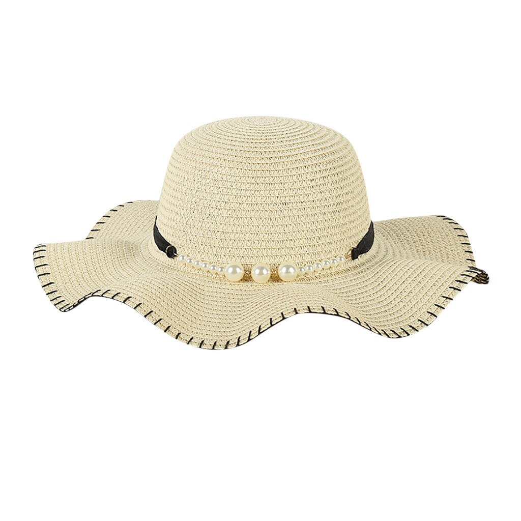 Mode Zomer Cap Voor Vrouwen Grote Brede Rand Strooien Hoed Parel Decoratie Strand Zon Opvouwbare Cap