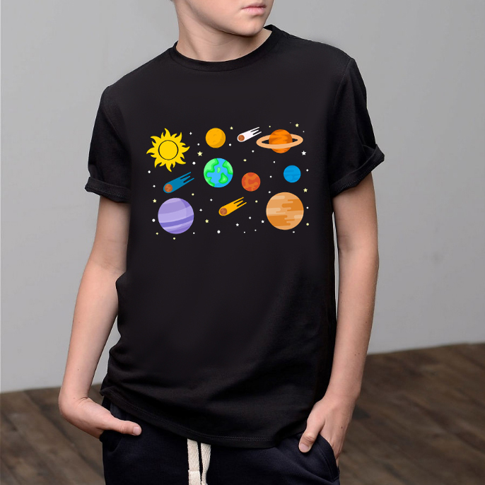 Camiseta de manga curta estampa de planeta, camiseta infantil para meninos e meninas