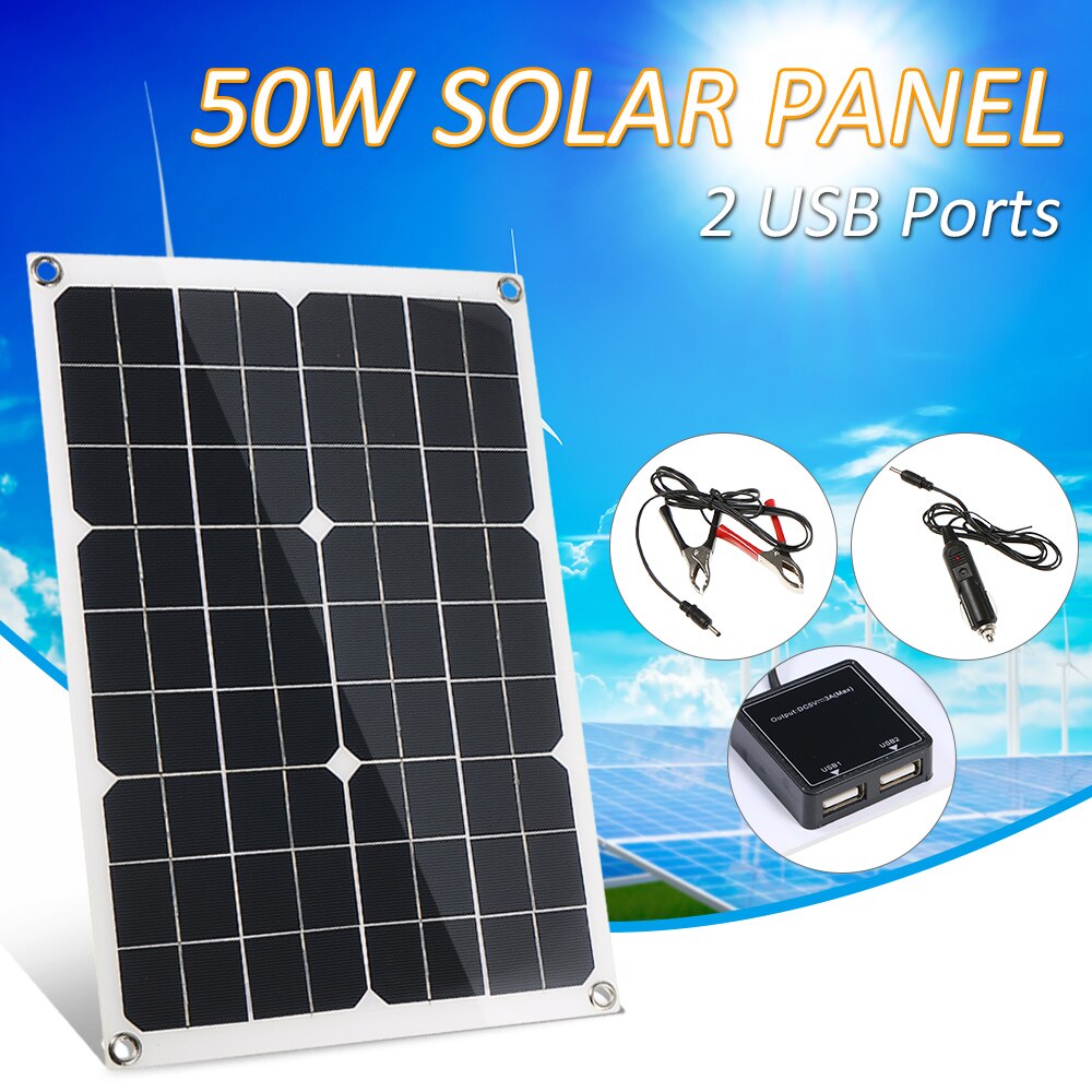 50W DC 5V/18V Dual Output Solar Panel with 2 USB Ports & Car Charge IP65 Water Resistance 12V/24V Solar Charge Controller PWM: solar panel