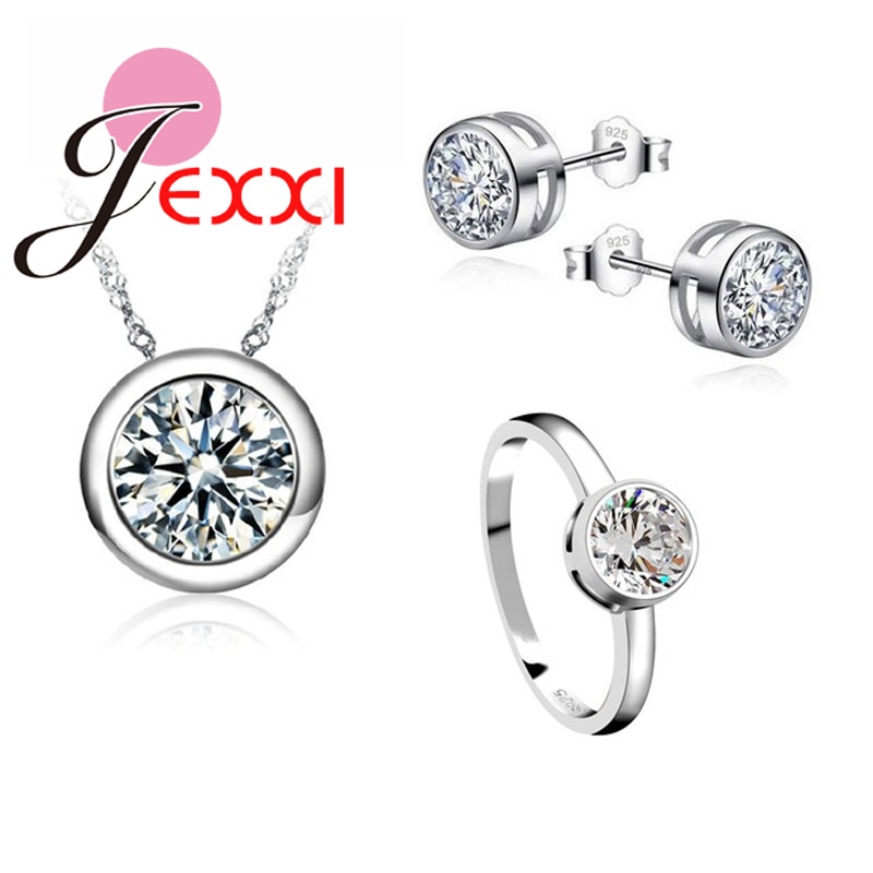 Klassieke Vrouwen Engagement 925 Sterling Zilver Glanzend Cz Wedding Ketting/Earring/Ring Sieraden Sets Voor Vrouwen