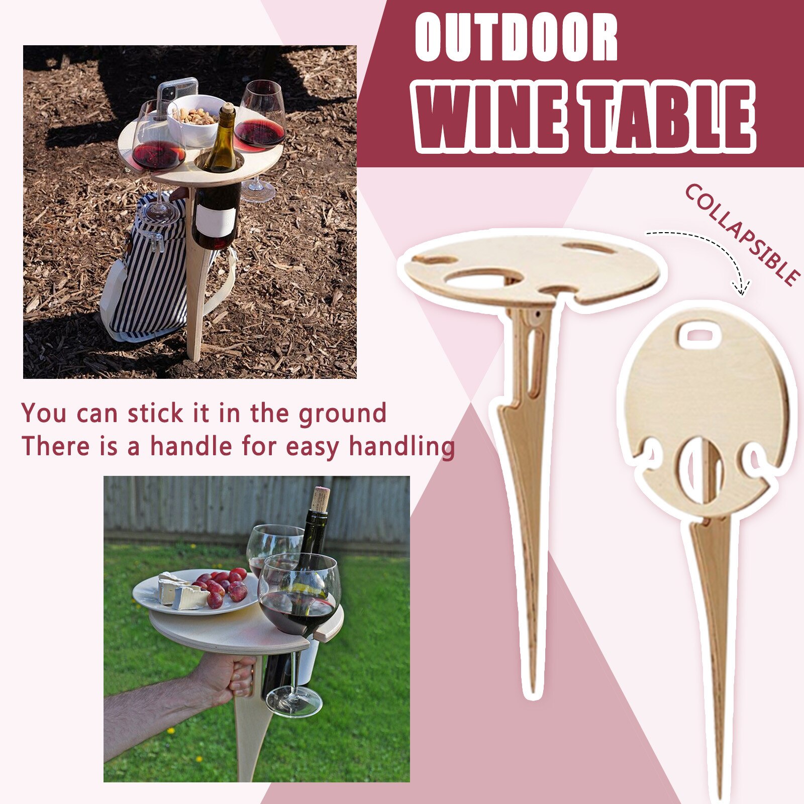 Outdoor Portable Wine Table with Foldable Round Desktop Mini Wooden Picnic Table Easy to Carry Camping Tables