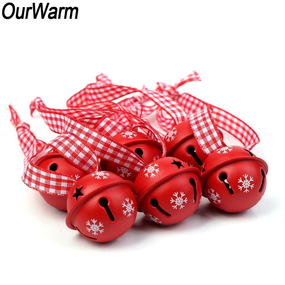 100 stks Rode Metalen Sneeuwvlok Jingle Bells Christmas Party Decoratie Hangers Ornament met Lint Kerst Decoratie voor Thuis