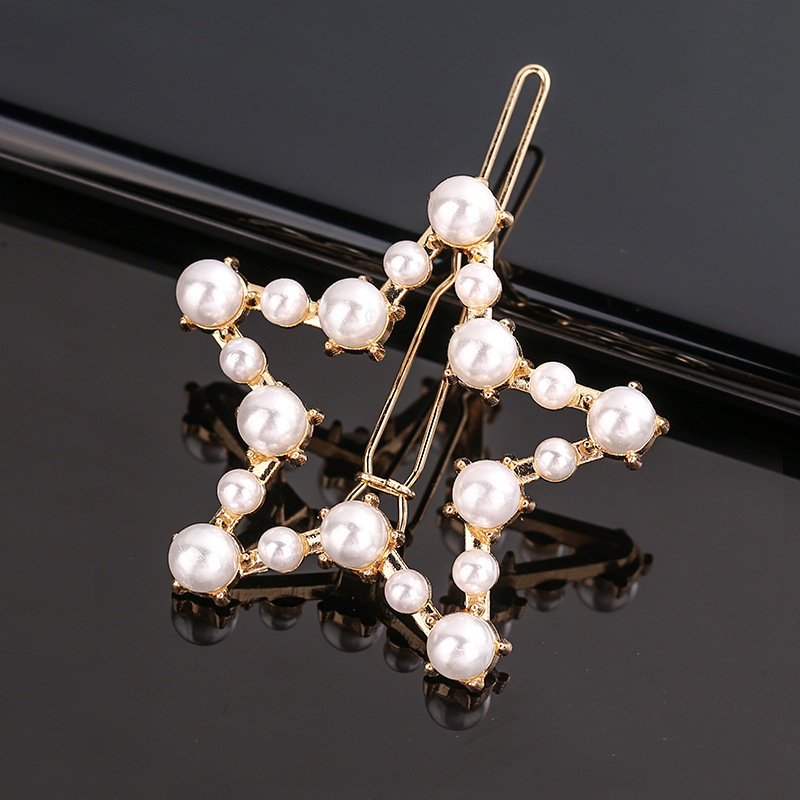 Horquilla de aleación geométrica de pentagrama de perlas de arco de para niña, Clip para el cabello minimalista, accesorios para el cabello con forma de corazón de diamante: Gris