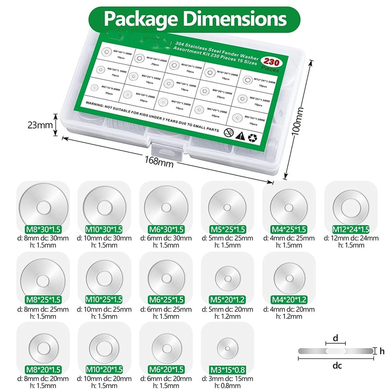 230Pcs 304 Roestvrij Staal Grote Spatbord Ringen Assortiment Kit 15 Maten-M3 M4 M5 M6 M8 M10 M12 vergroot Platte Ring