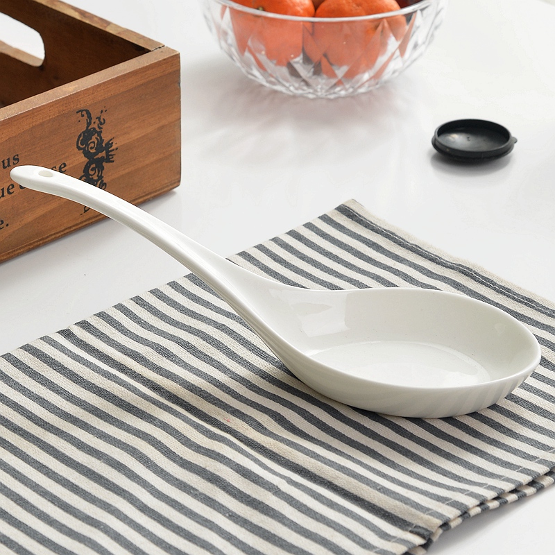 Bone china plain white big soup spoon, cooking soup ladle, kitchen cooking tools, for dinner serving