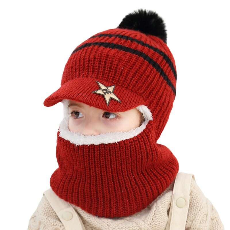 Knit Short Plush Hooded Scarf Kids Hat And Scarf Child Winter Warm Protection Ear Cap Scarves Girls Boy Accessories: wine re