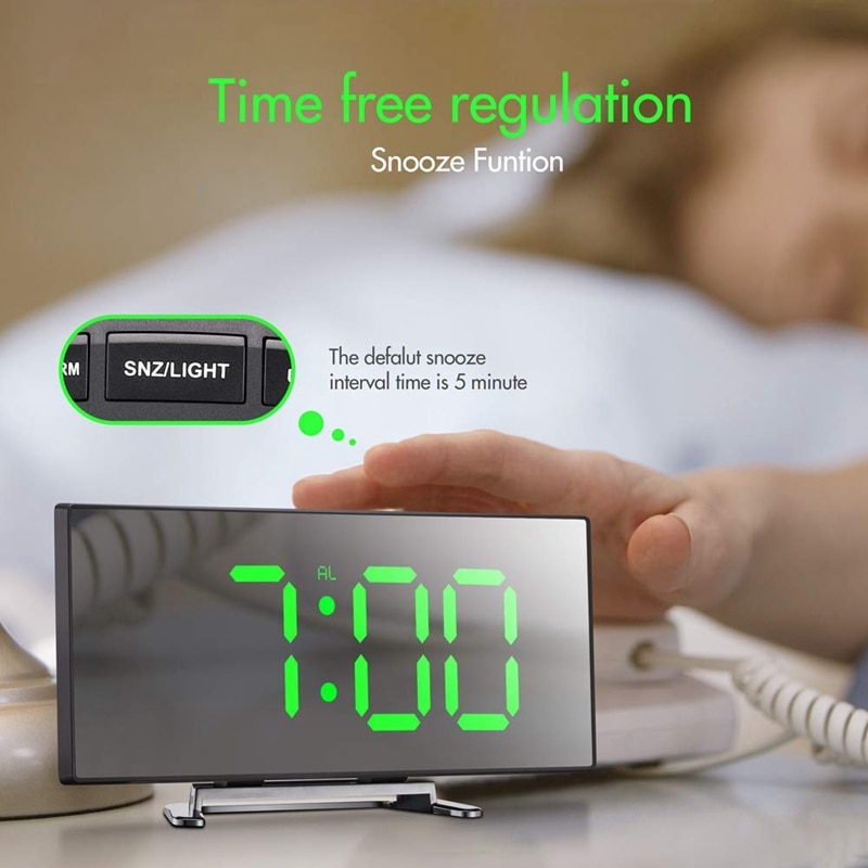 Digital vækkeur , 7 tommer buet dæmpbar led skærm digitalt ur til børn soveværelse, grøn stort antal ur, letvægts sma