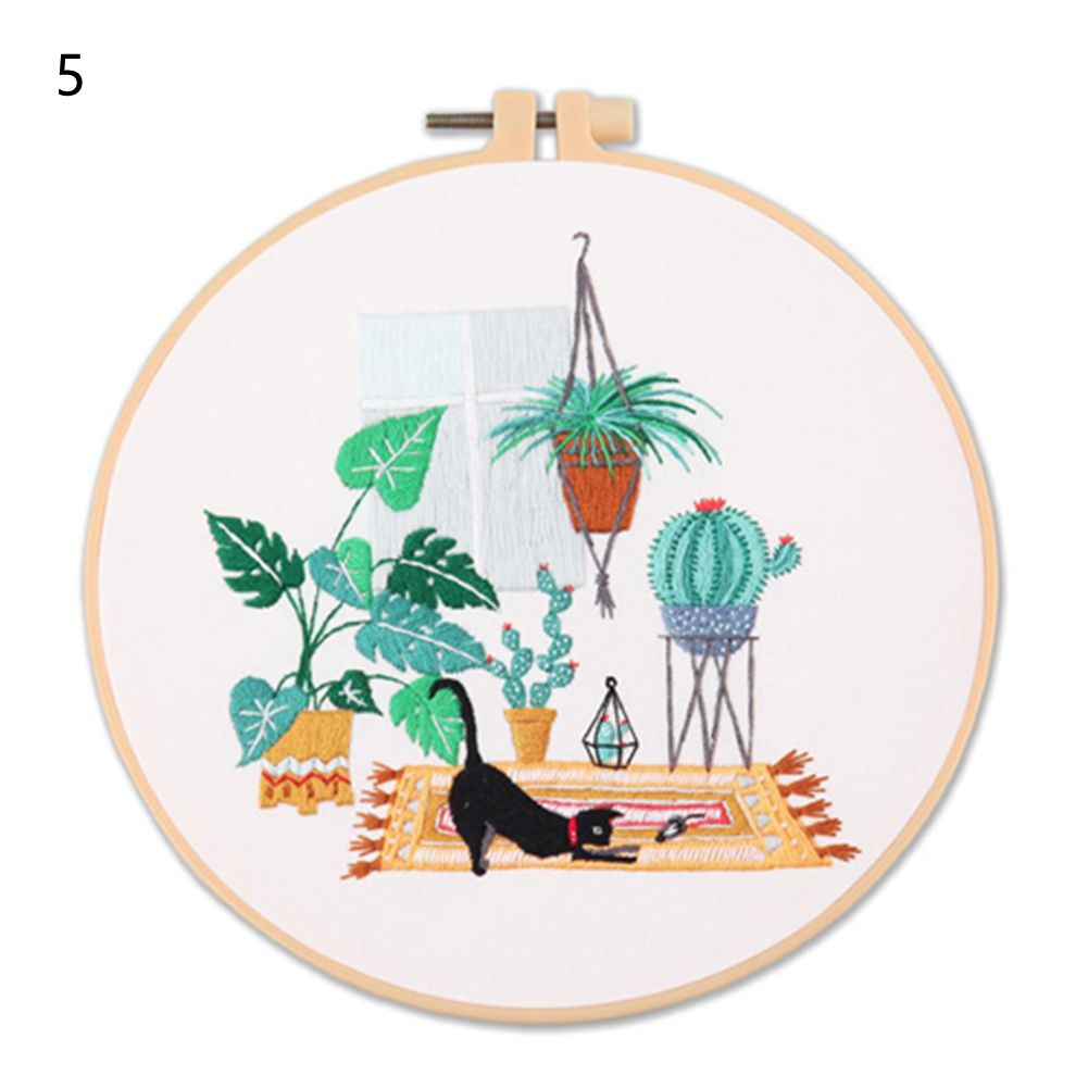 Kit de broderie motif chat noir fleur, outils de couture imprimés, Kit de couture artisanale pour débutant, broderie ronde, point de croix: 5