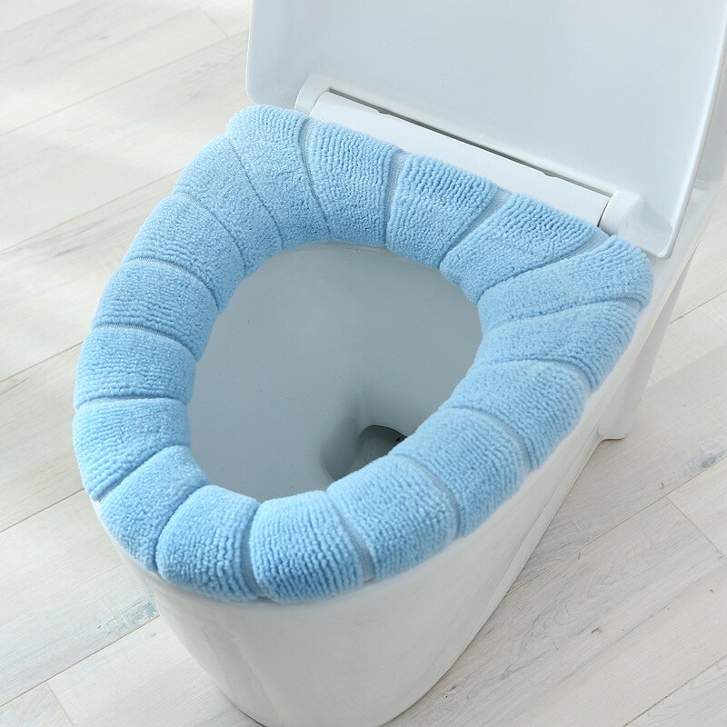 Vintervarmt toiletsædebetræk nærskammelmåtte 1 stk vaskbart badeværelsestilbehør strikning ren farve blød o-formet pude toiletsæde: Blå