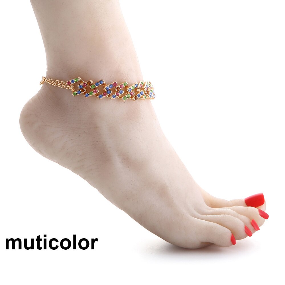 Tobillera ostentosa con diamantes de imitación para Eslabón cubano, cadenas para el tobillo, sandalias para mujer, cadena para pies descalzos, joyería al por mayor: muticolor