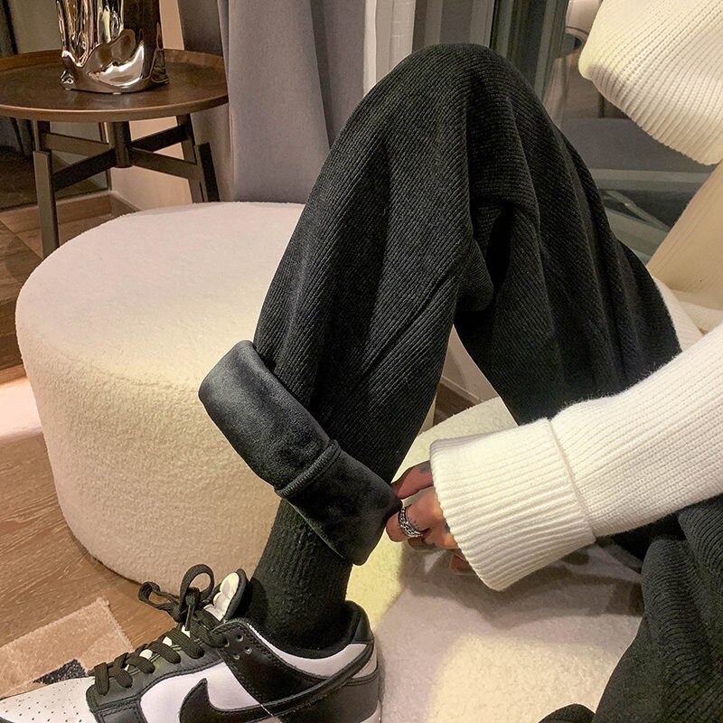 Pantalon décontracté en velours côtelé pour homme, vêtement ample, Tube droit, pour passer la serpillière de sol, en peluche, nouvelle , blanc, marron, pour loisirs, hiver: M / Black