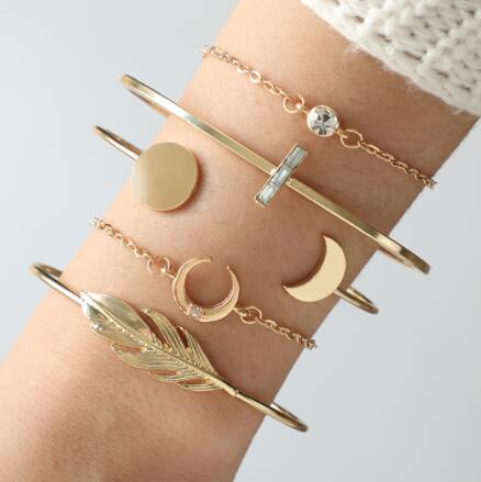 Docona Boho Goud Kleur Crystal Moon Leaf Gelaagde Bangle Set voor Vrouwen Geometrische Opening Bedels Armbanden Set Sieraden Party 6840: Default Title
