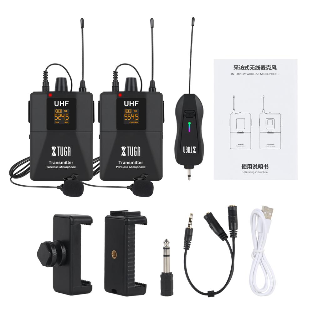 XTUGA Wireless Lavalier Microphone Camera Mic with Mini Rechargeable Receiver for Phones SLR Cameras Interview Live Recording