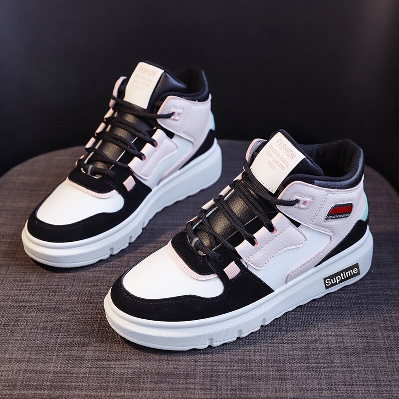 Women Platform Sneakers Korean PU Leather Trainers Womens Chunky Sneakers Tenis Female Spring Lace Up Casual Shoes