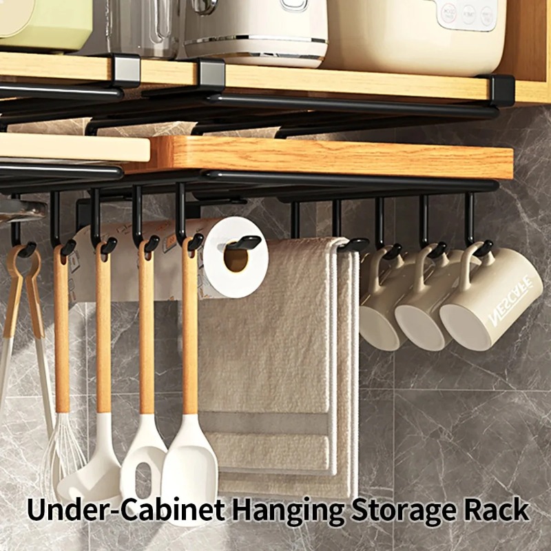 Kitchen Hanging Organizer Rack with Hooks Under Cupboard Paper Towel Rags Hanger Cutting Board Pot Cover Holder Storage Shelf