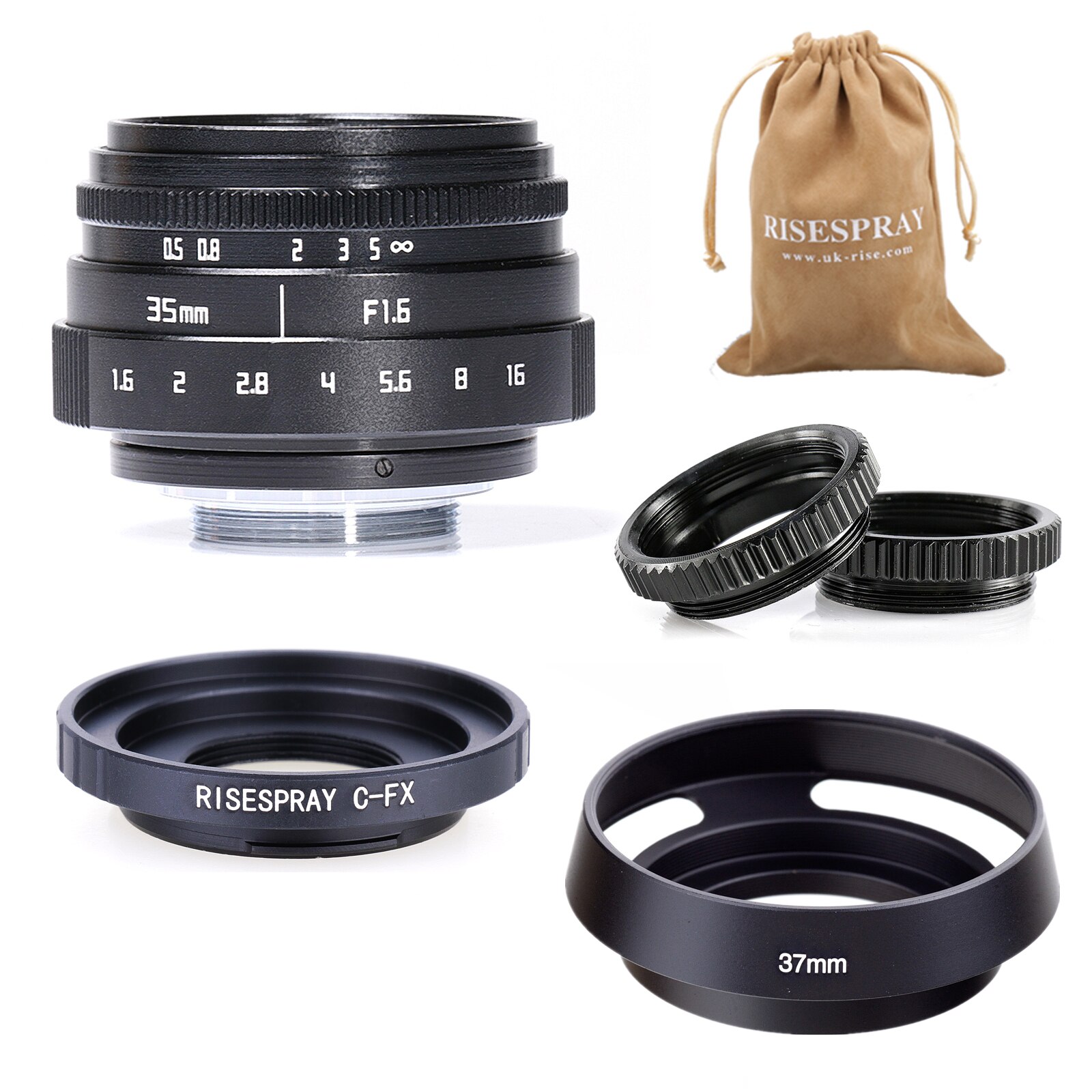 Mini 35 Mm F/1.6 APS-C Cctv Lens + Adapter Ring + 2 Macro Ring + Zonnekap Voor fujifilm X Mount Mirroless Camera XT10/XT20/XT30/X100F