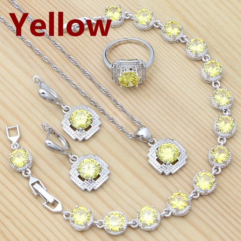 Conjunto de joyería de plata 925 para mujer, anillo redondo rojo granate, pendientes, pulsera, colgante, cadena, joyería cuadrada: YELLOW