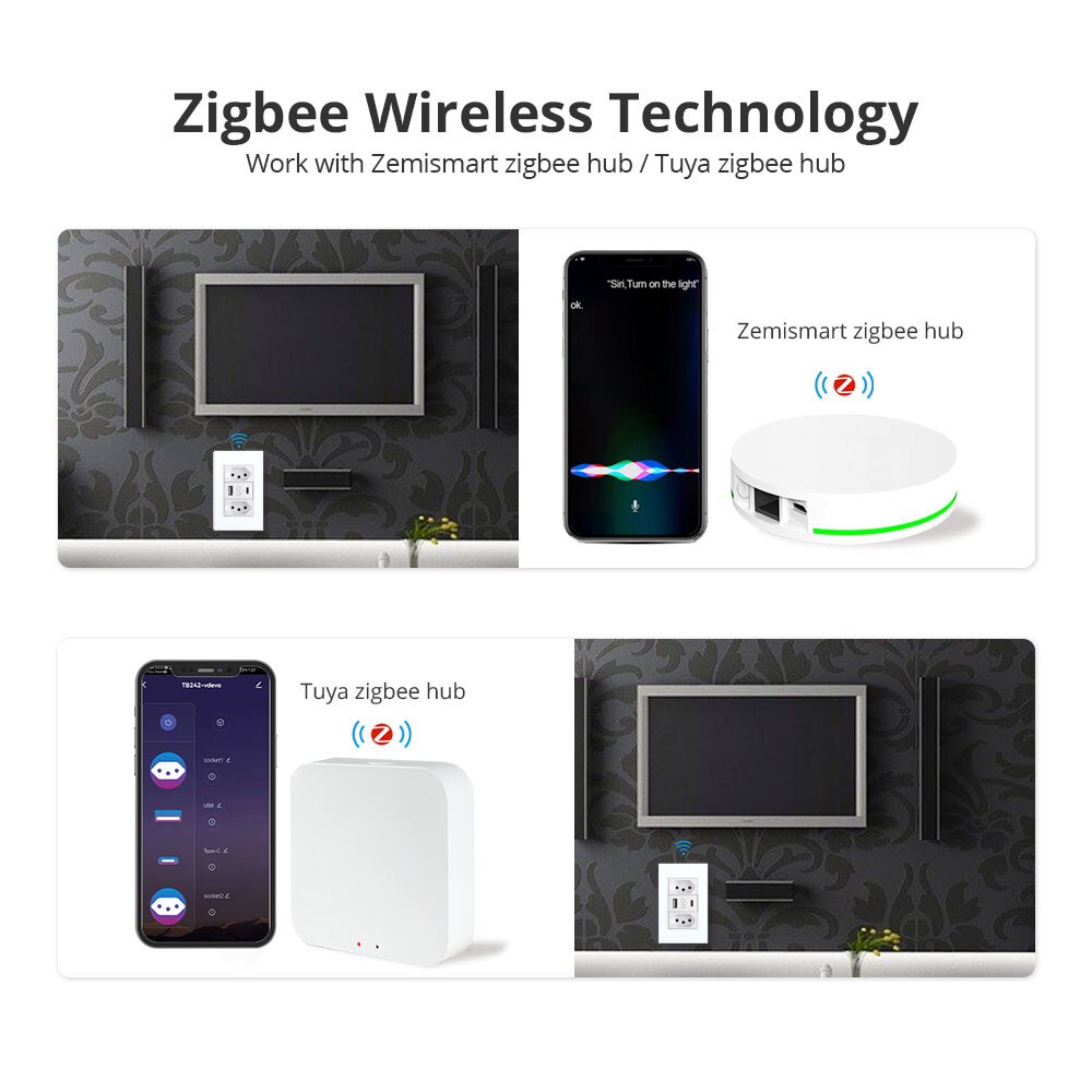Zemismart tuya zigbee smart brazil-stik med to brasilianske stikkontakter usb-port type-c alexa google home work with homekit via zmhk 01
