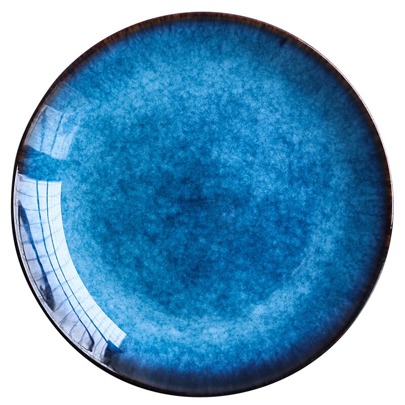 Ceramic Western Style Blue Round Flat Tray Food Steak Dinner Plate Tableware