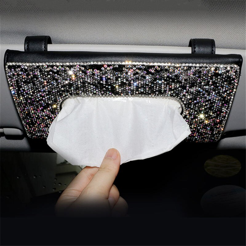 Crystal Diamond Car Tissue Box for Sun Visor Auto Hanging Tissue Box Crown Sunshade Case Auto Car Accessories: black