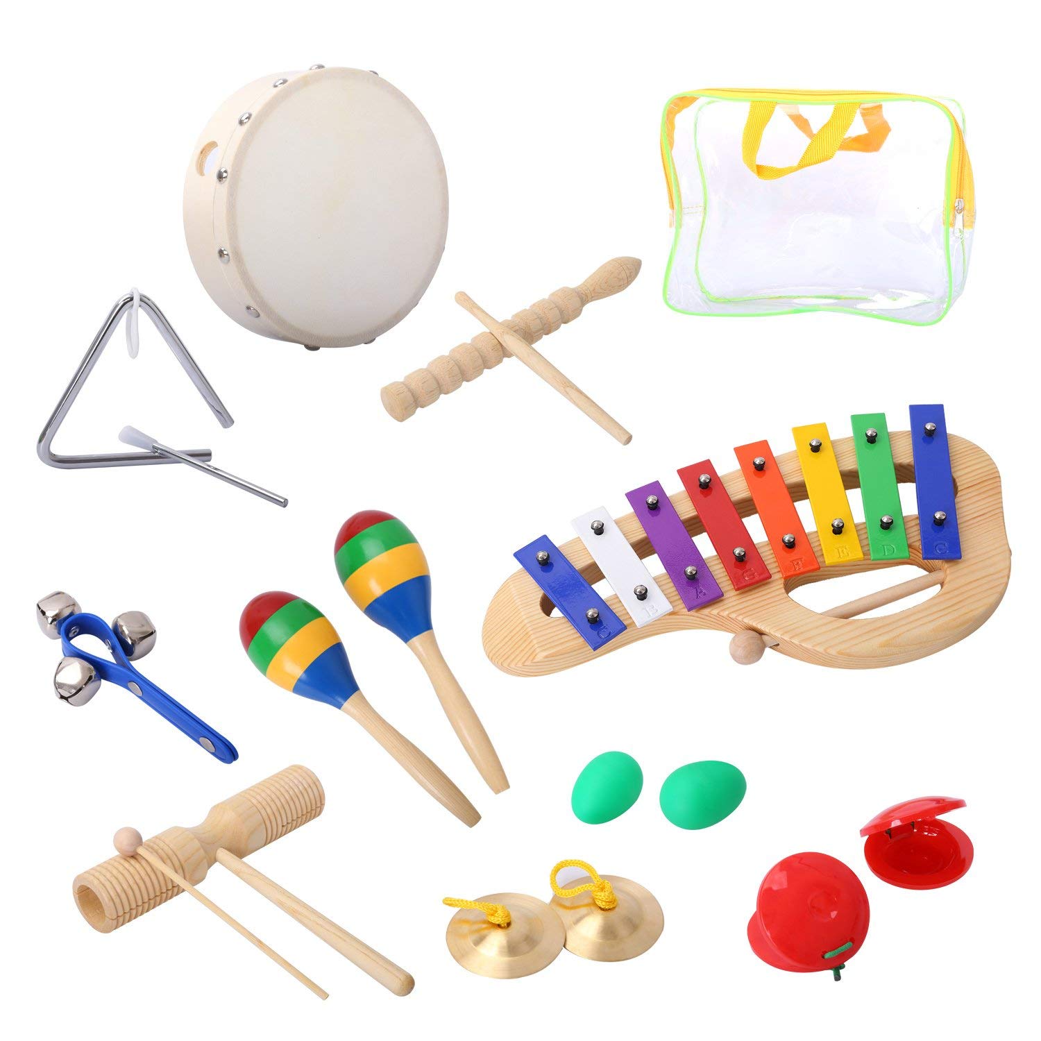 -percussion sæt musikinstrumenter oplyse orff tambourine bells maracas glockenspiel castanets 10 stk med bæretaske: Default Title