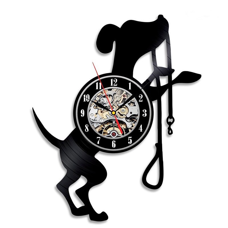 Søt vinyl svart hund cd tallerken klokke barnerom dekorativ ledet veggklokke dyr antikk hengende klokke