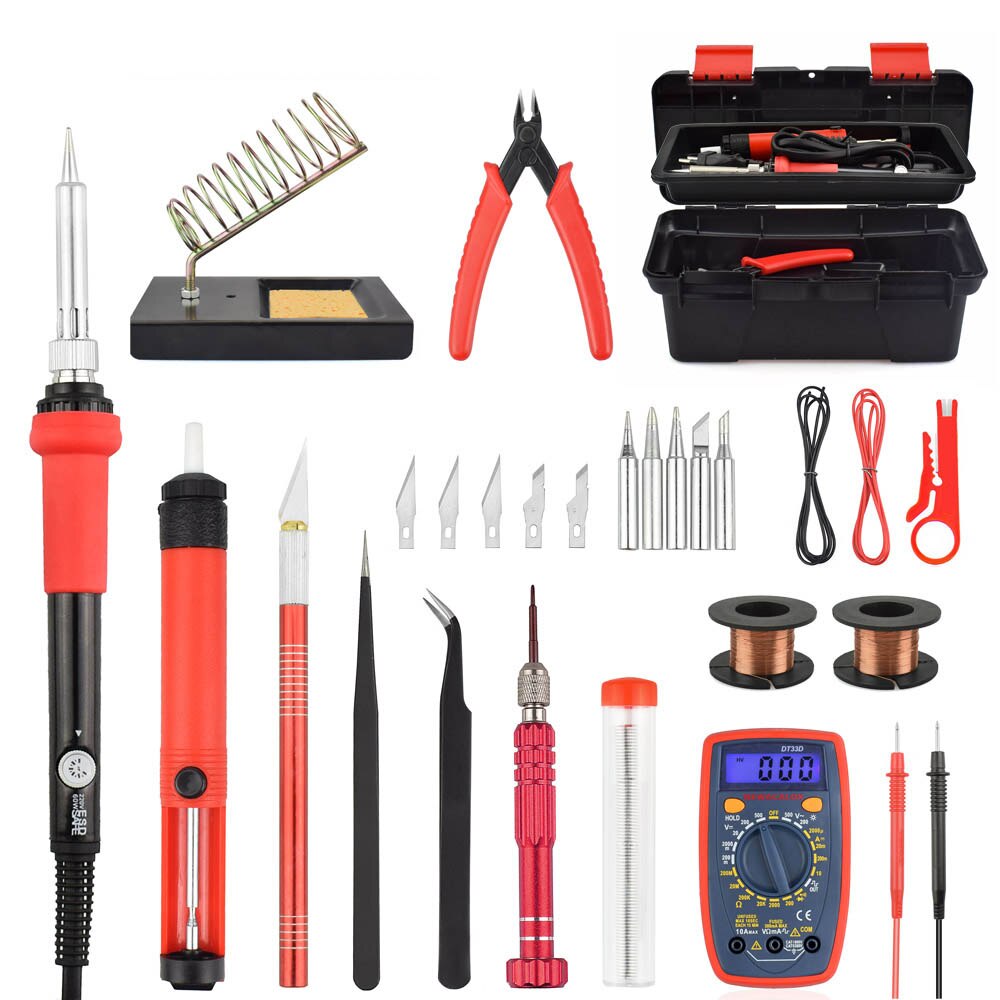 NEWACALOX Adjust Temp EU/US 60W ESD Soldering Iron Kit Welding Tool Set with Multimeter Glue Gun Solder Assist Set Repair Tools: T02R-15PC / EU